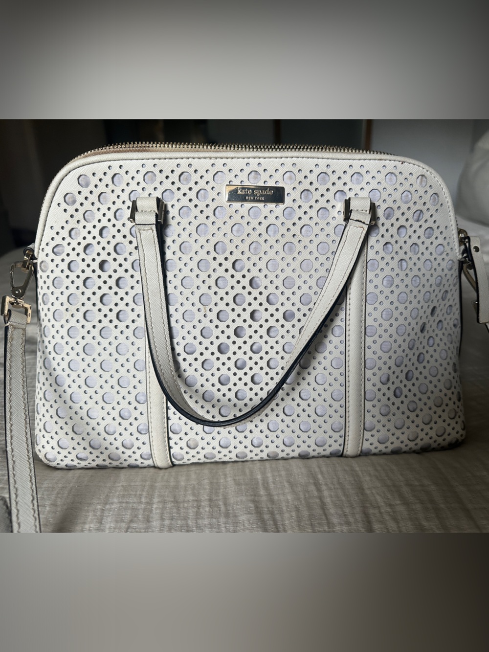 kate spade White Perforated Leather Laptop Satchel